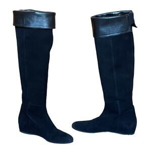 Stuart Weitzman Over the Knee Black Leather and Suede Roll Cuff Tall Boots 7.5